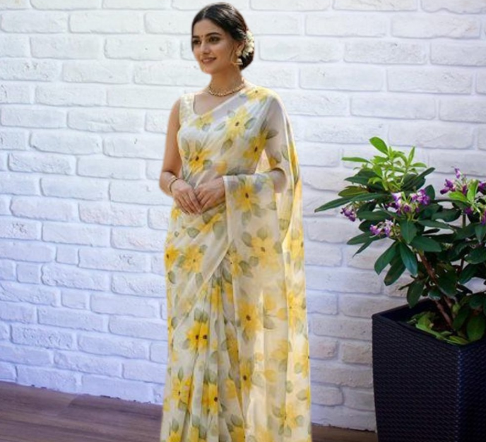 Flower Turkey Saree Yellow
